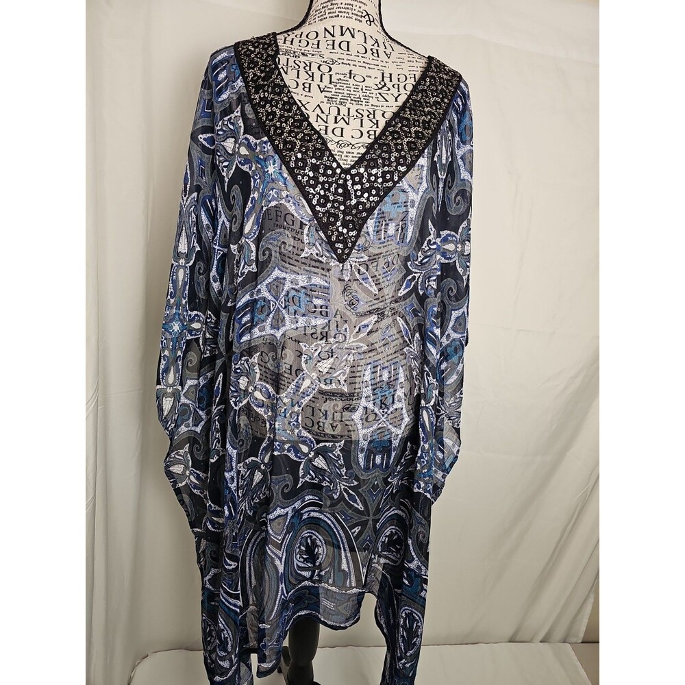 SOL Women's Free Size Sheer Swim Cover Up Blue Black Paisley Sequin V Neck